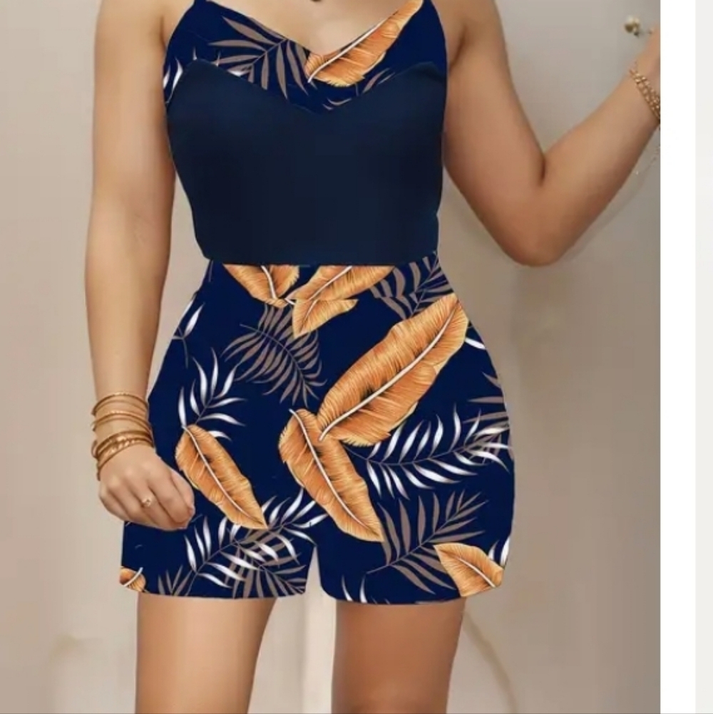 Navy and Orange Leaf Print High Waist Women's Shorts